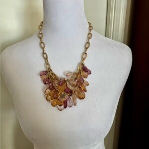 Gold Tone Chain Necklace with Pink & Amber Crystal Drop Cluster